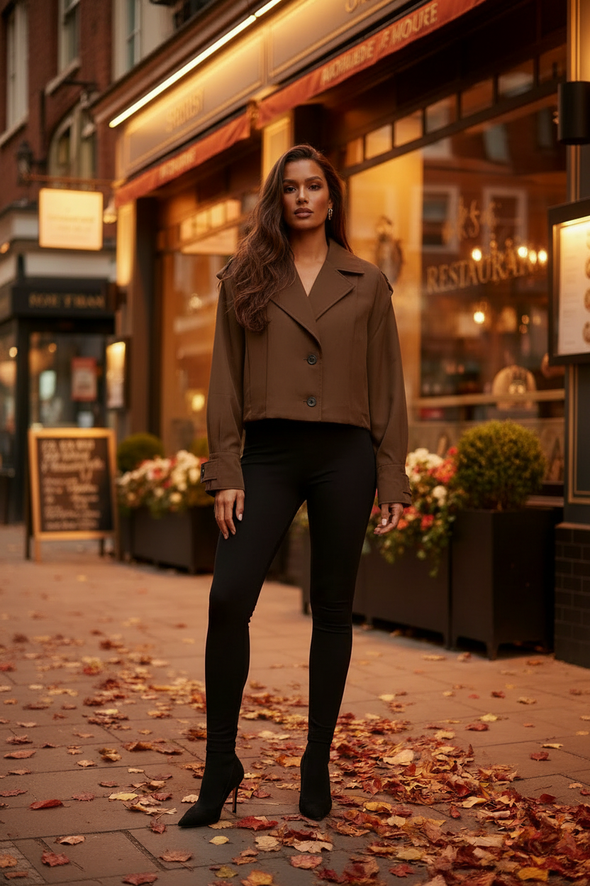 Brown Jacket - Black Leggings & Kitten Heels - Arched Windows