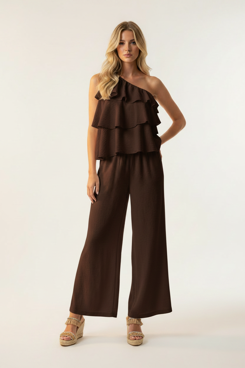 Brown Ruffle Co-ord Set - Front