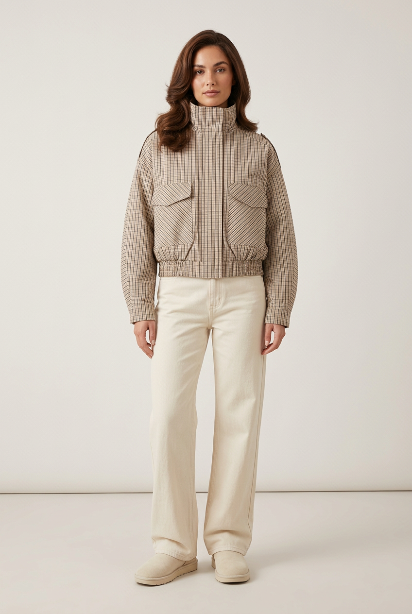 Brunette model in the checked jacket, cream wide-leg jeans and cream Ugg-style boots against a plain seamless studio backdrop