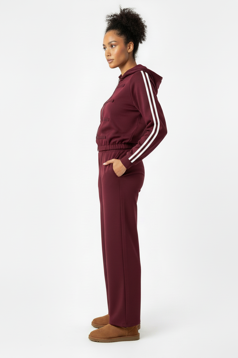 Burgundy Co-ord Set - Double White Stripes