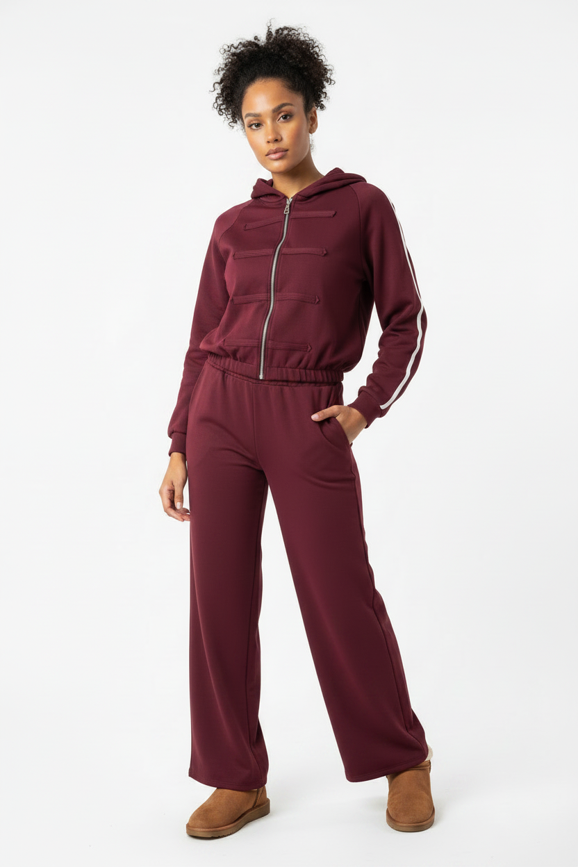Burgundy Frog Button Co-ord Set - Full Length Jacket
