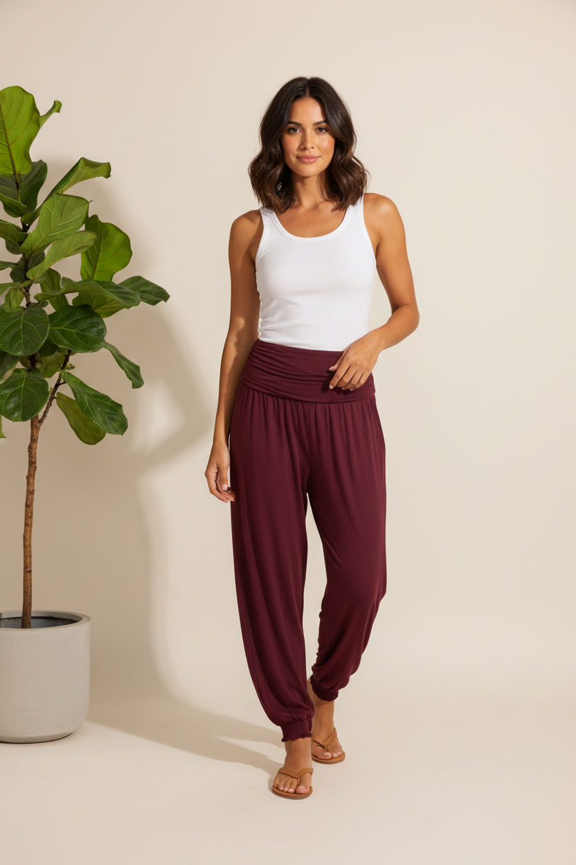 Burgundy Harem Pants Studio Shot
