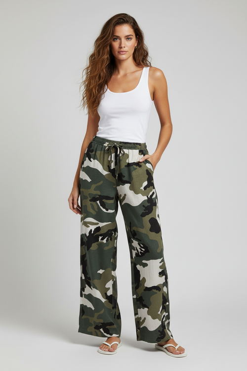 Camo Linen Trousers Studio Shot
