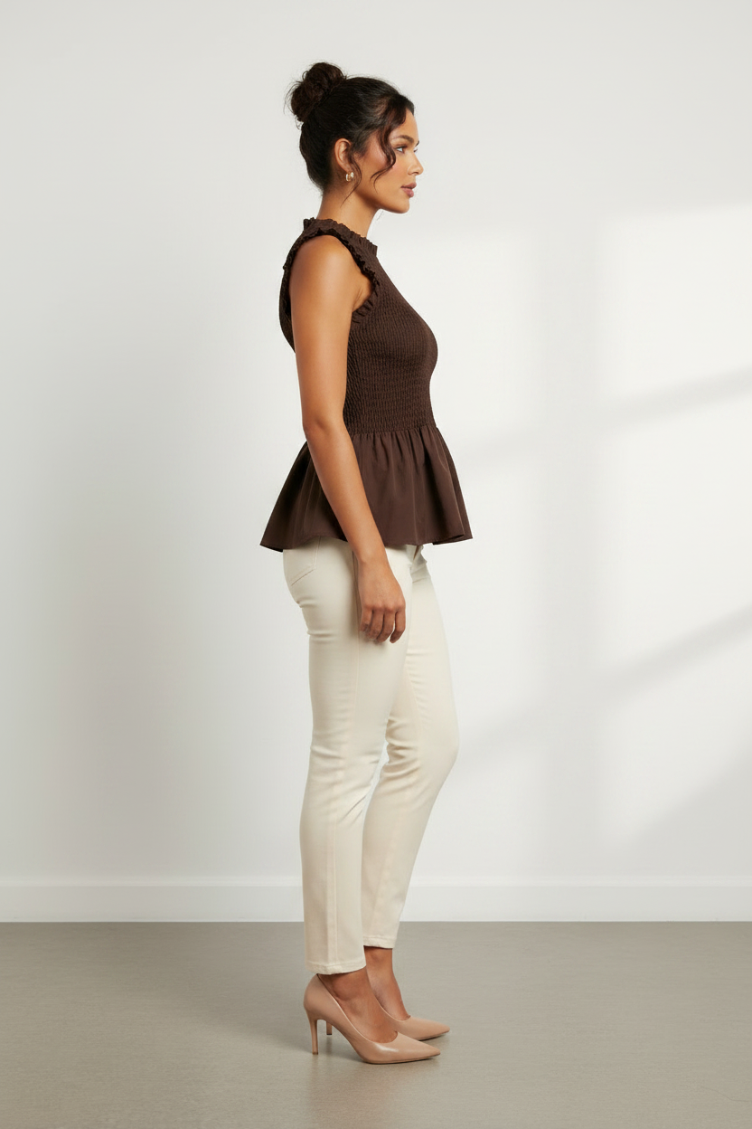 Chocolate Brown Smocked Peplum Top Side Profile
