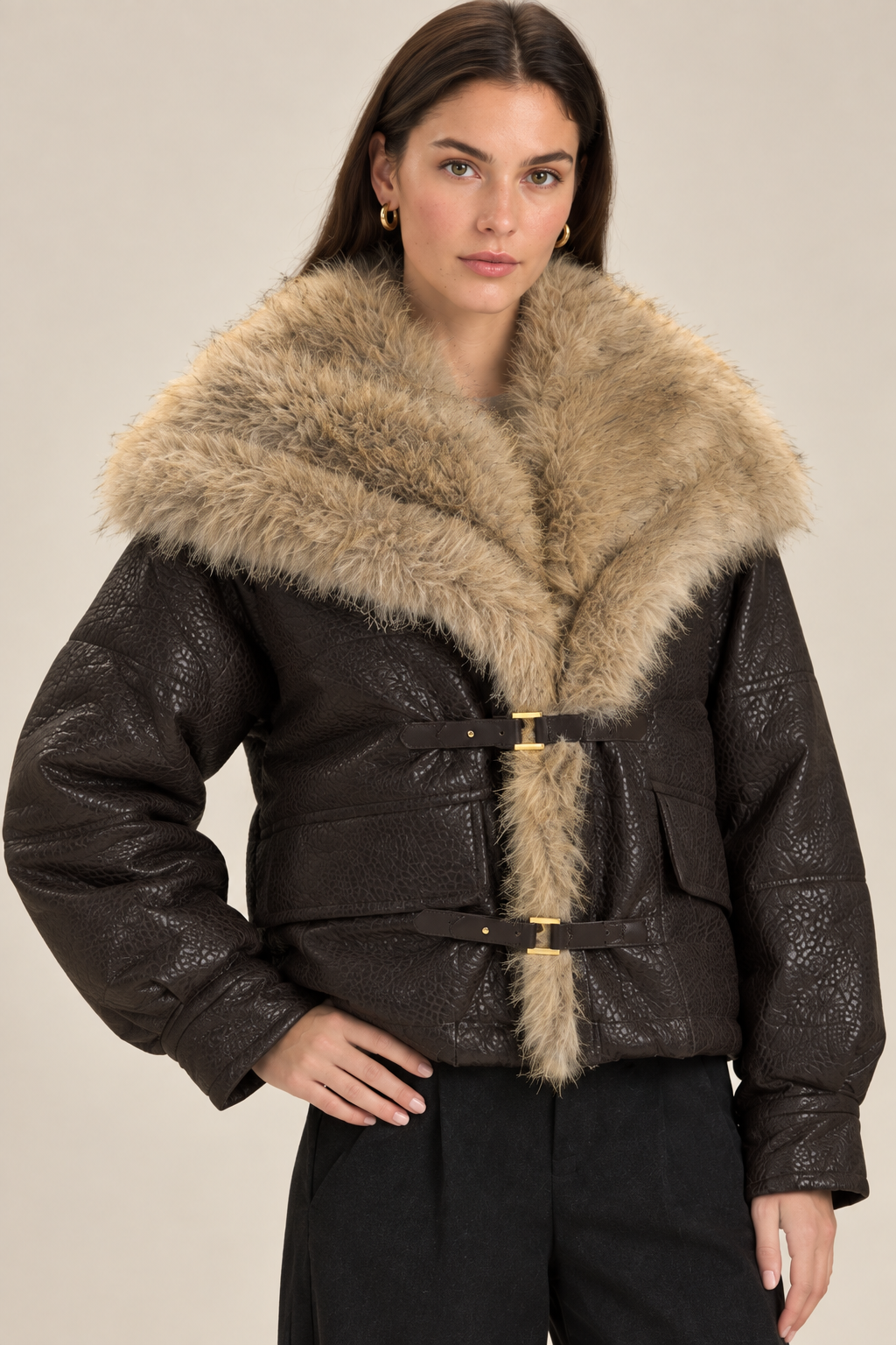 Close-up coat hero image with the brunette model in a new pose