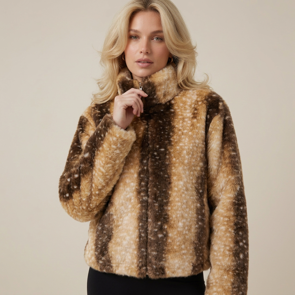 Close-up of the deer-print faux fur jacket on the blonde brand model in a new pose