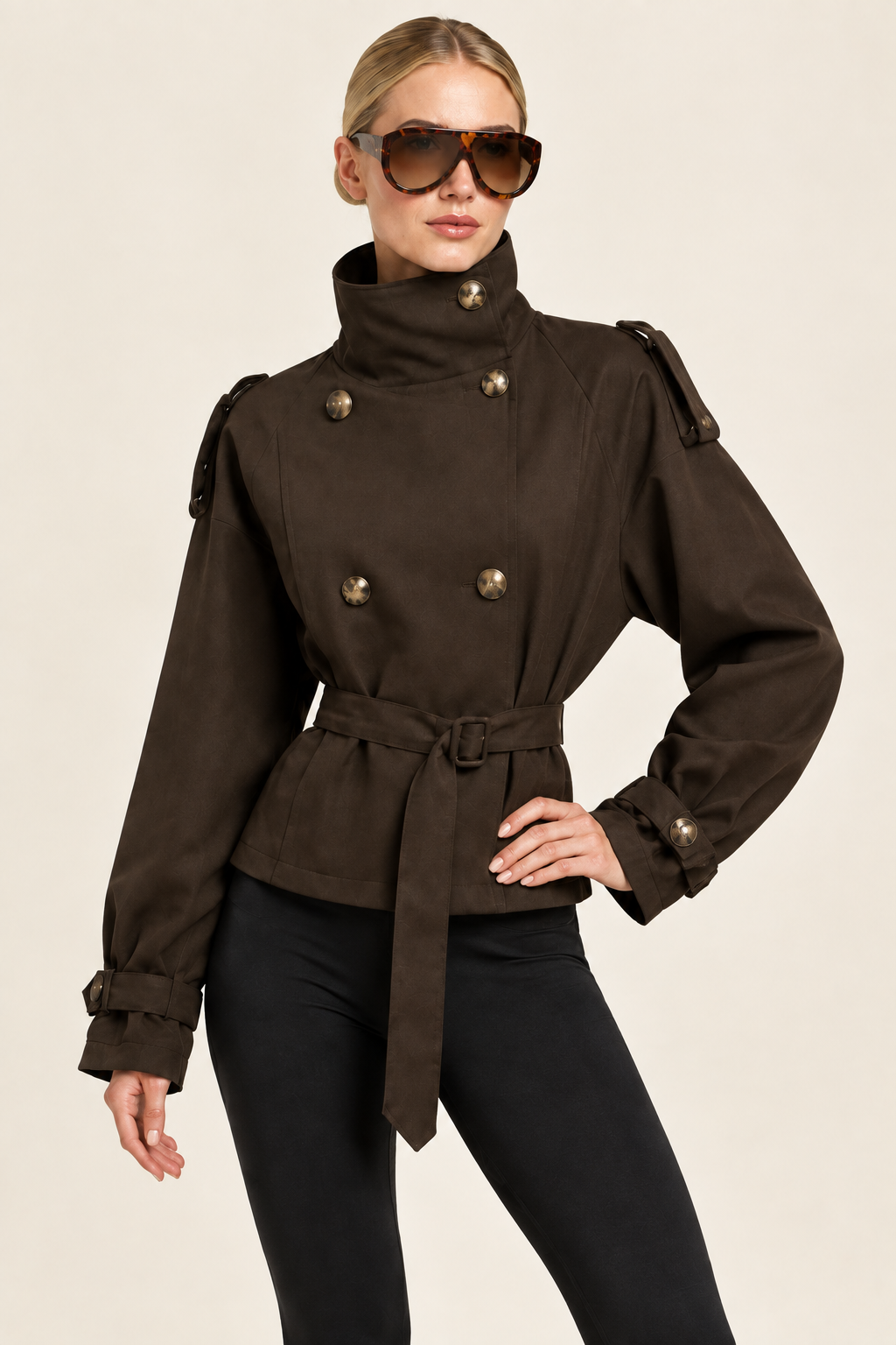 Close-up of the jacket in a new three-quarter pose with tortoiseshell sunglasses