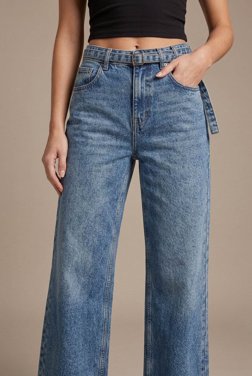 Close-up studio shot of belted blue wide-leg jeans on the model in a new posed stance