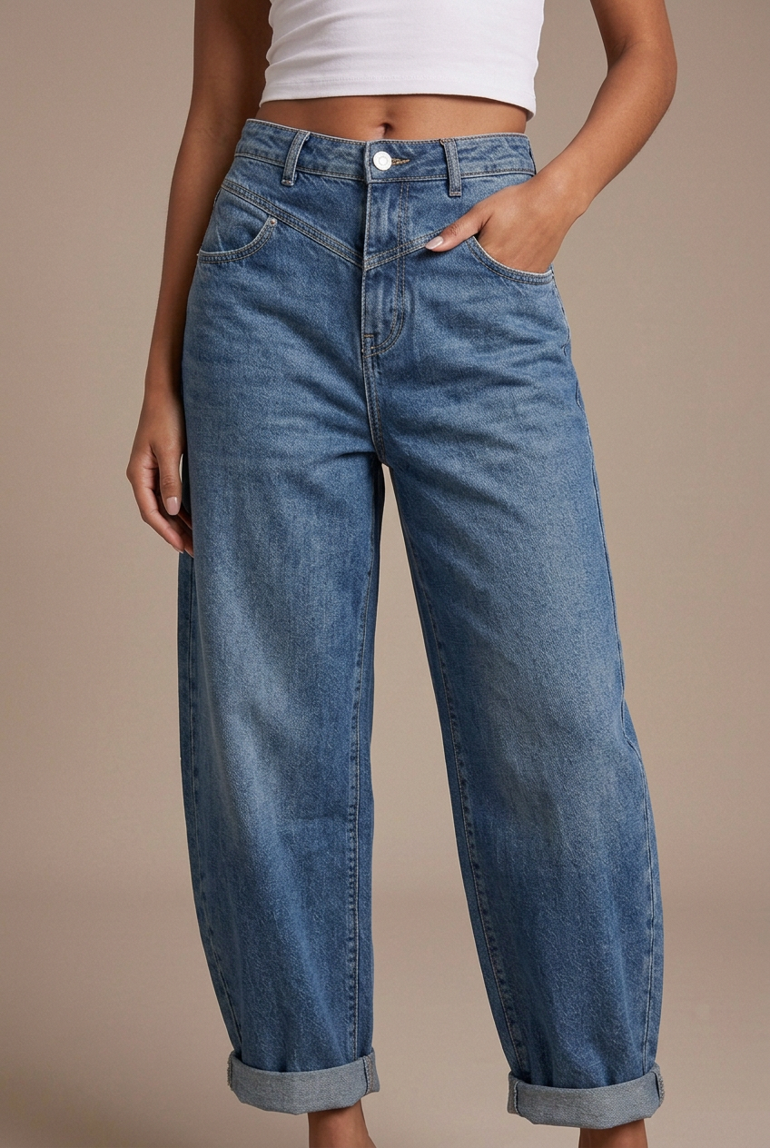 Close-up studio shot of blue balloon jeans on the model