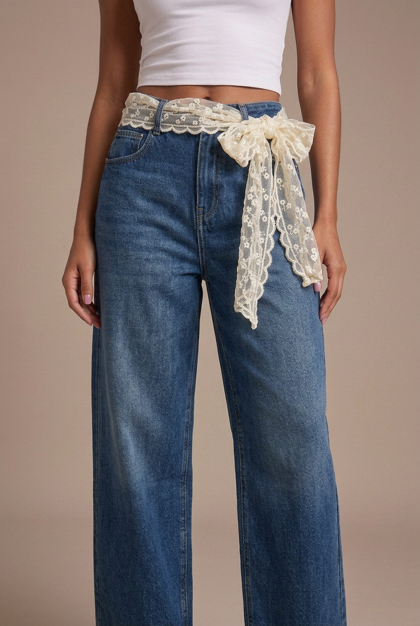 Close-up studio shot of dark indigo wide-leg jeans with cream lace waist wrap on the model