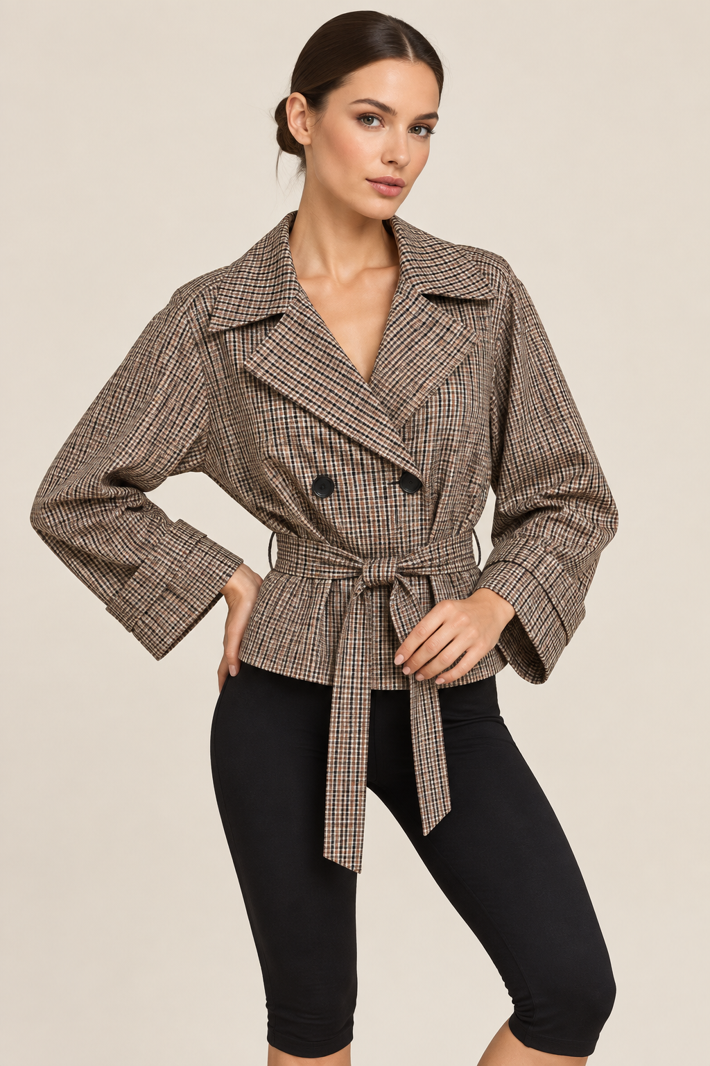Close-up studio view of the checked jacket
