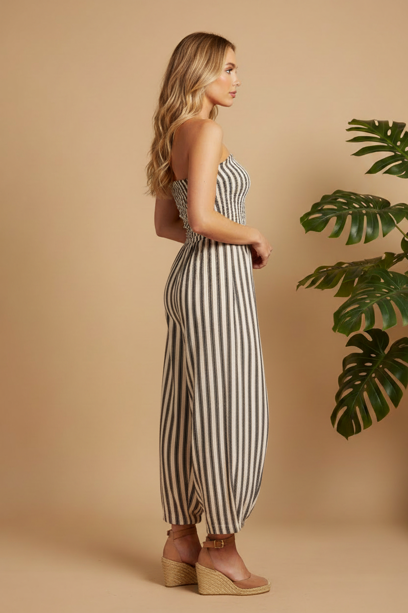 Cream & Charcoal Stripe Jumpsuit - Balloon Leg Side Profile