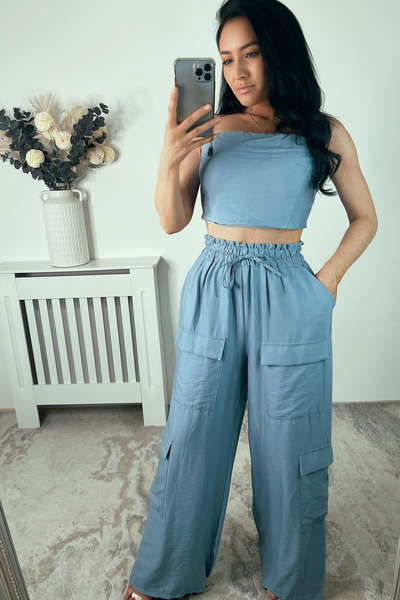 Blue Tie Waist Cargo and Bandeau Co Ord
