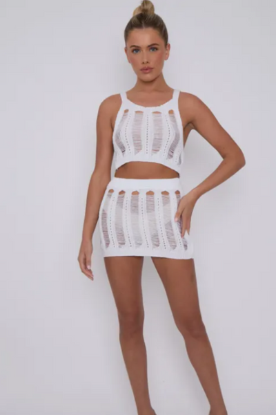 White Distressed Knitted Crop Top and Skirt Co-ord