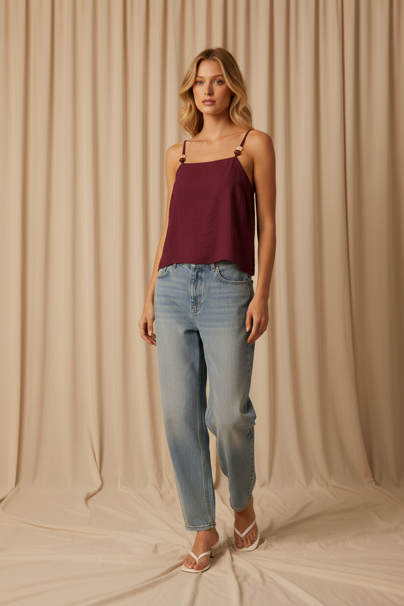 Cropped Burgundy Camisole on Model
