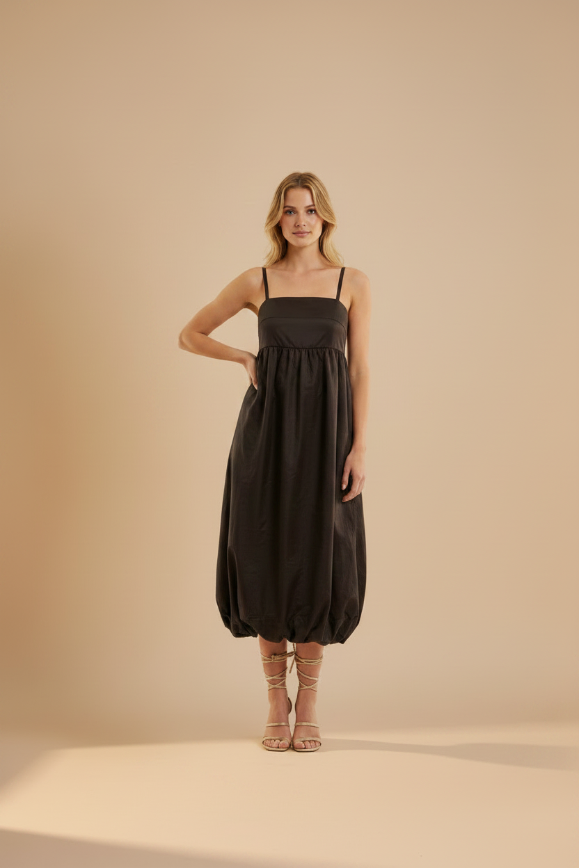 Dark Brown Bubble Dress - Relaxed Pose
