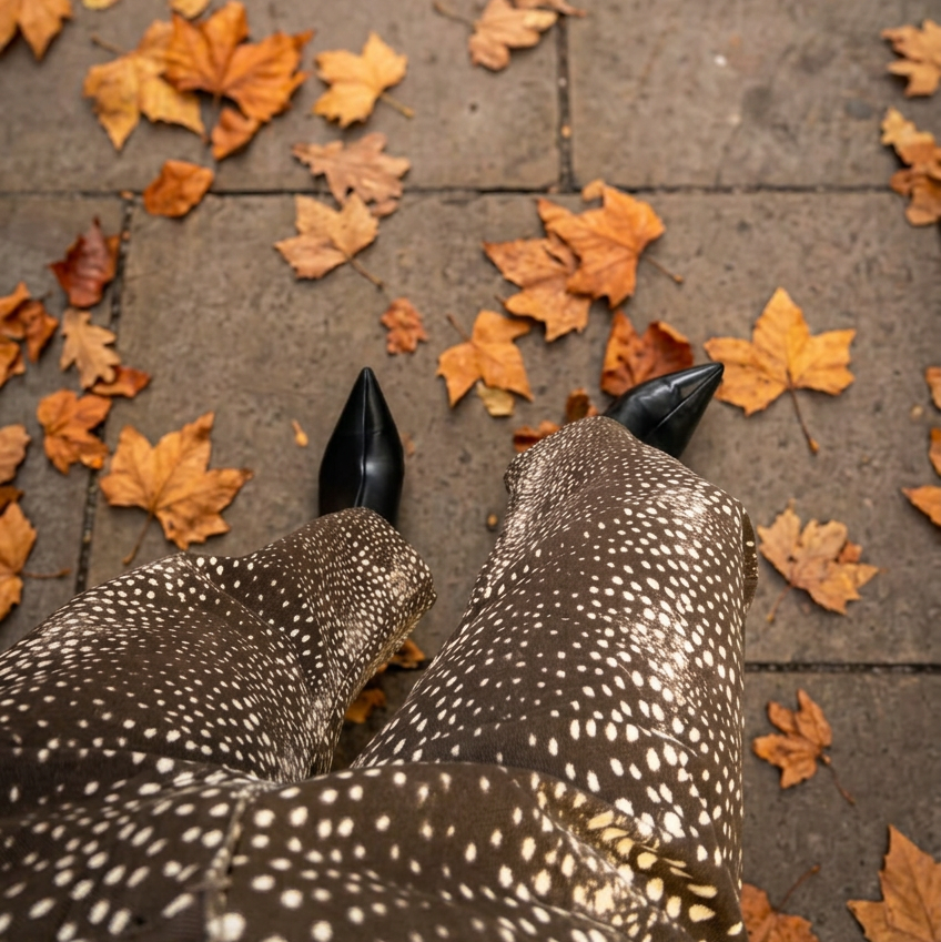 Deer print jeans and black boots on a city street pavement with scattered autumn leaves