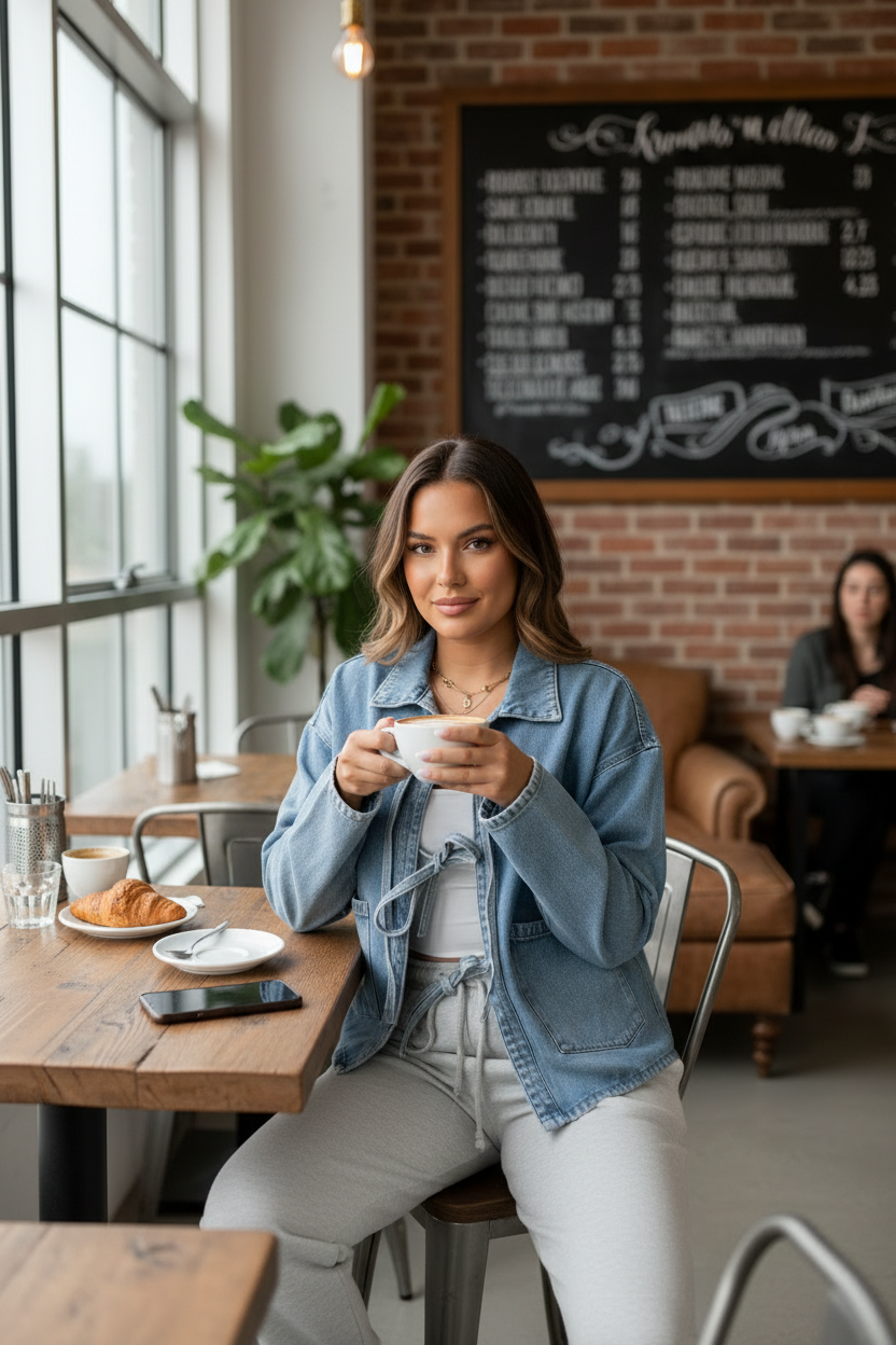 Denim jacket in coffee shop setting