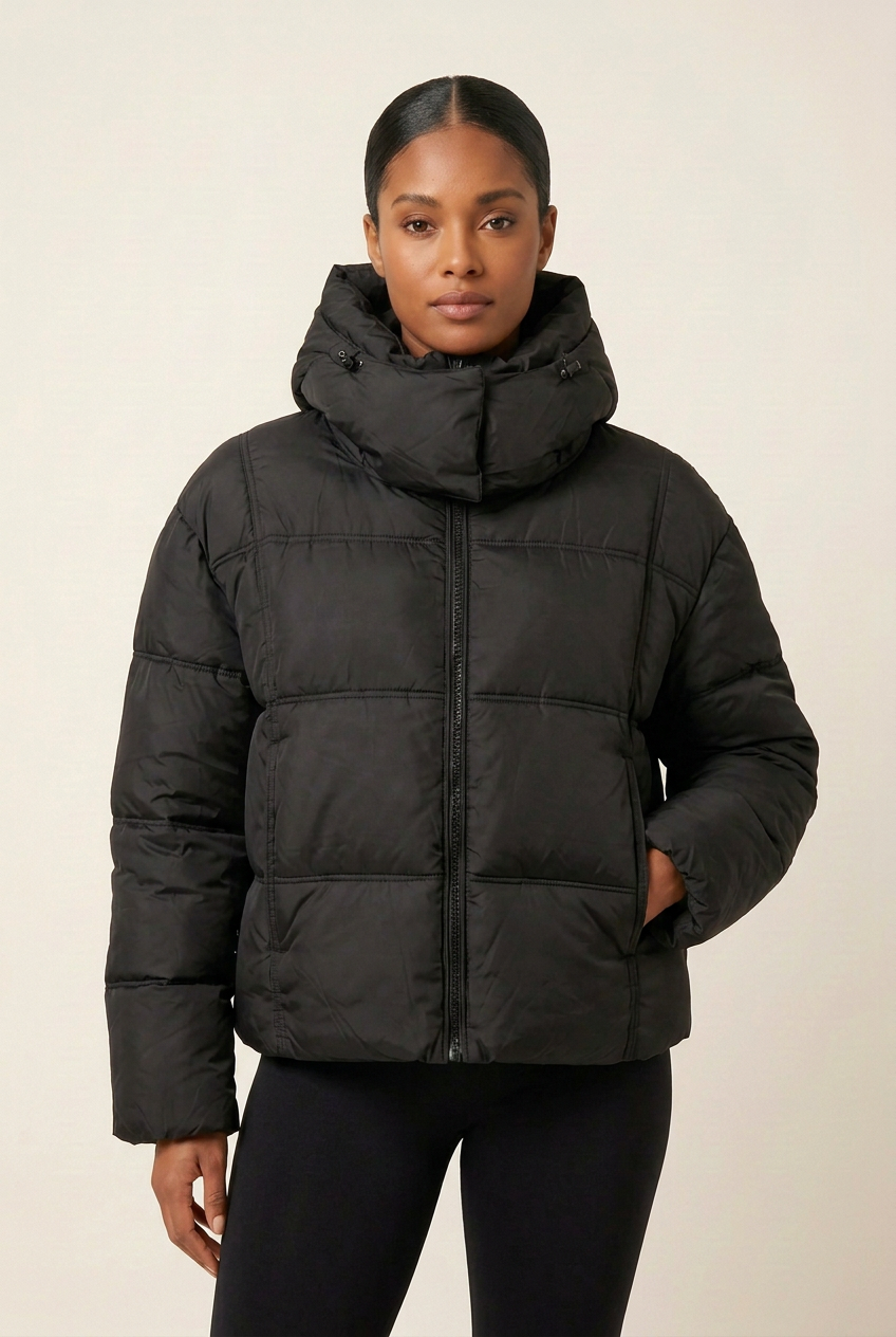 Front-facing close-up of the black puffer coat with the model in a new hand-in-pocket pose