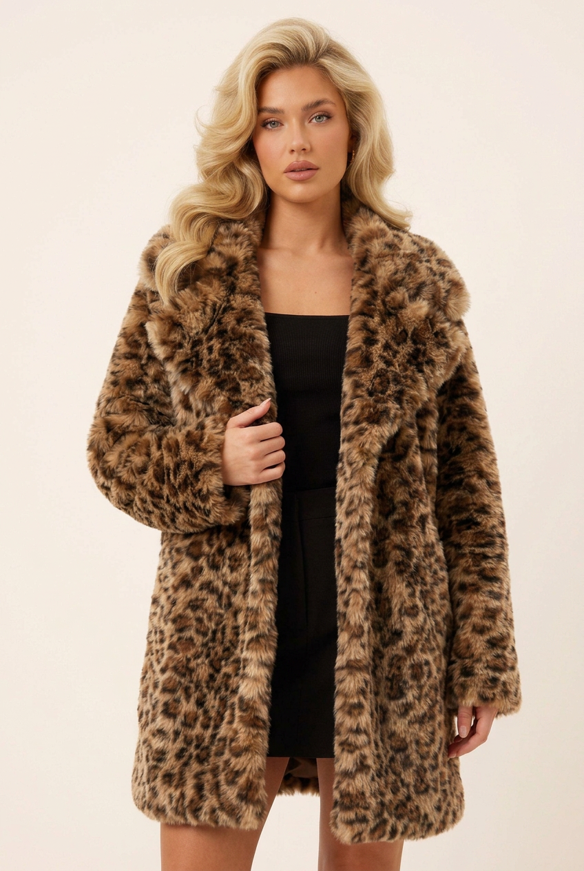Front-facing close-up of the leopard faux-fur coat, with the model in a new lapel-holding pose
