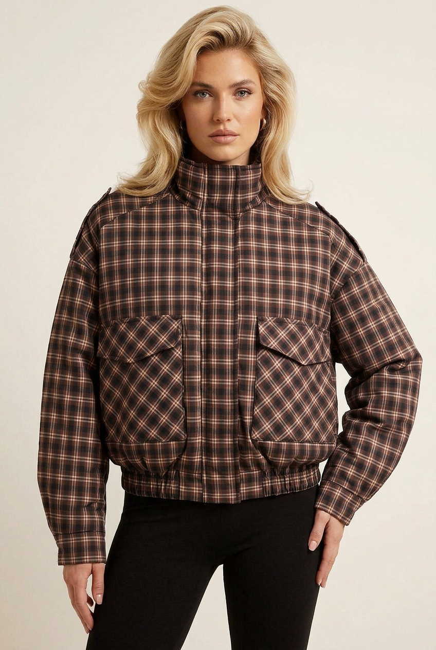 Front-facing close-up of the padded check coat with the model in a new pose