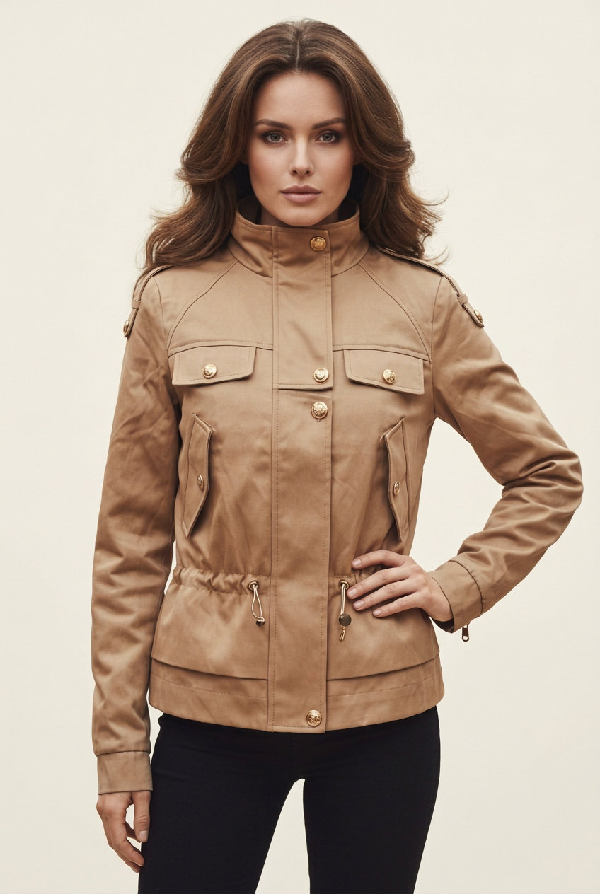 Front-facing close-up of the tan utility jacket on the brunette model in a new hand-on-hip pose