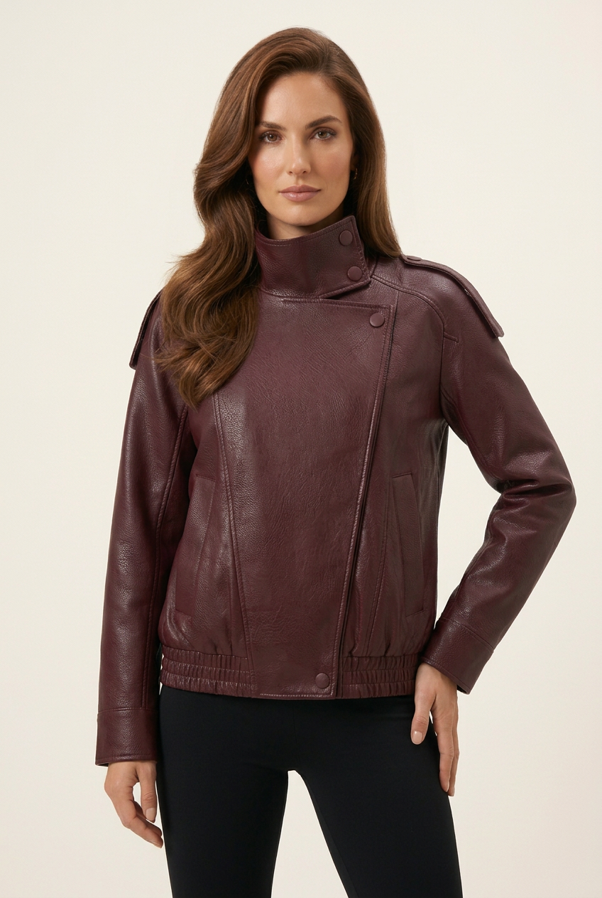Front-facing jacket close-up with the brunette model in a new hand-on-hip pose