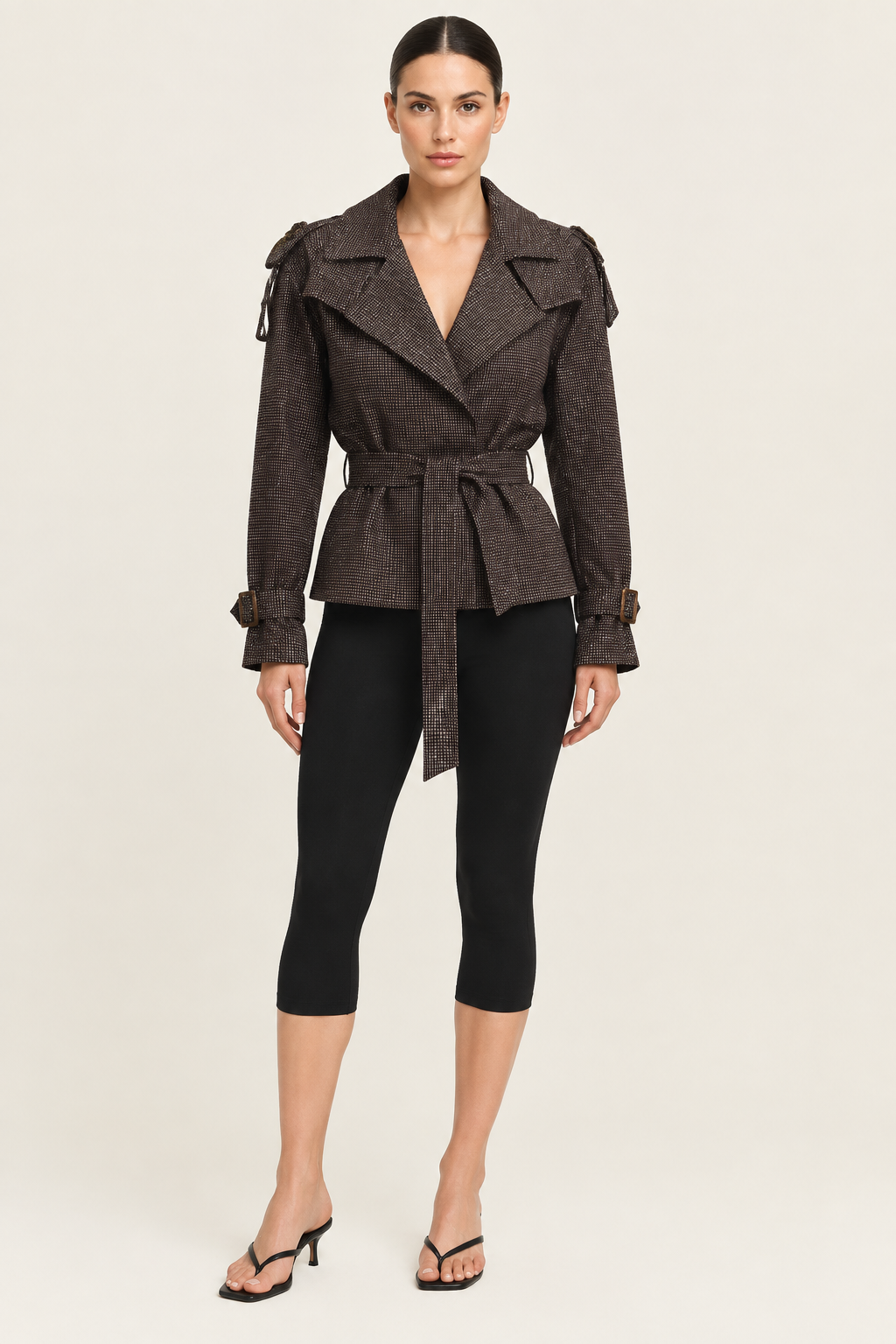 Front studio view of the dark check jacket