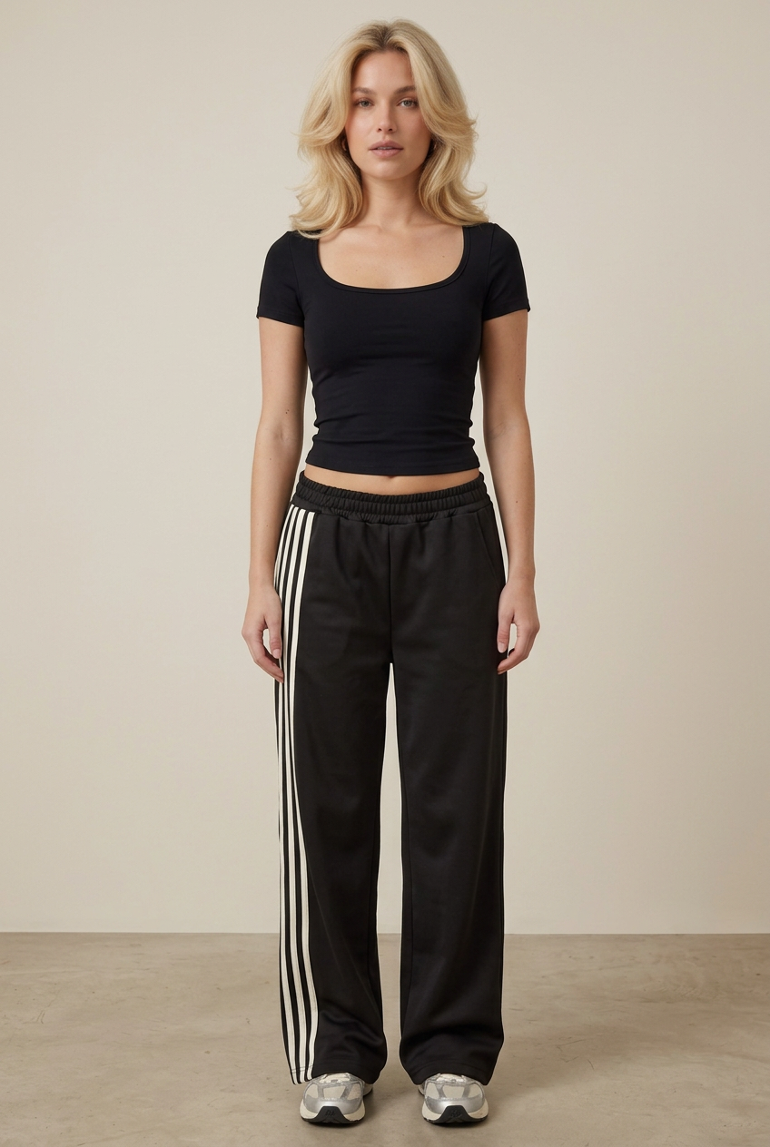 Front studio view of the striped trouser outfit on the blonde model