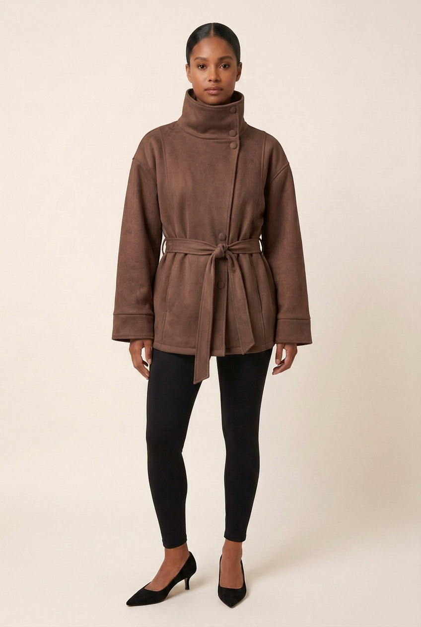 Full-length front view in the approved chocolate brown