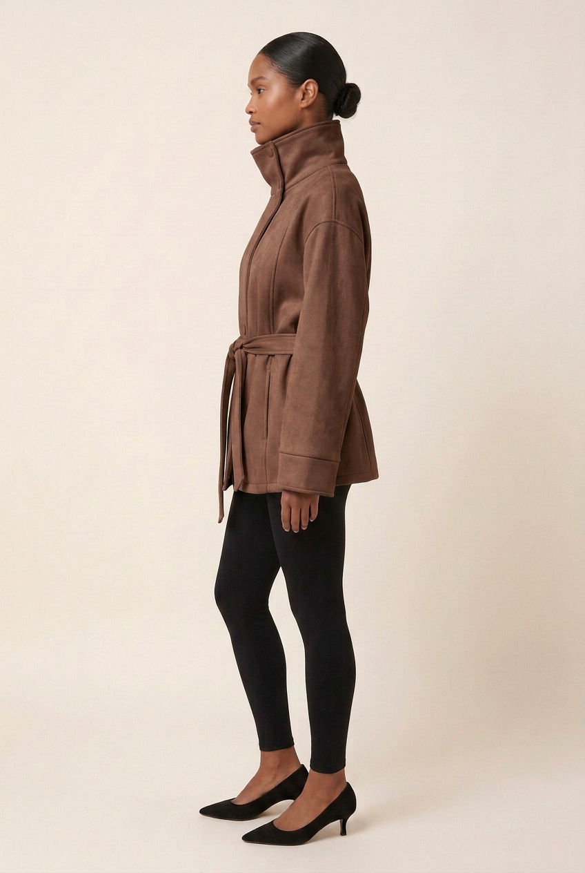 Full-length side profile in the approved chocolate brown