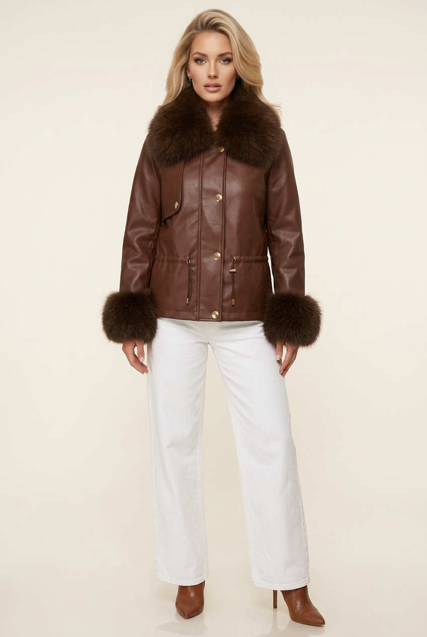 Full-length studio outfit with the brown coat, blonde blow-out hair, white wide-leg jeans and brown heeled boots