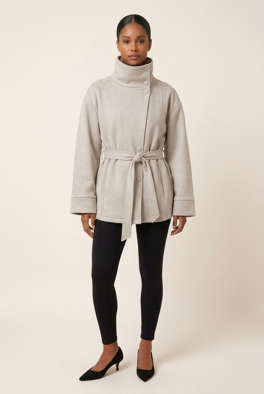 Full-length studio outfit with the suede jacket, black leggings and black kitten heels