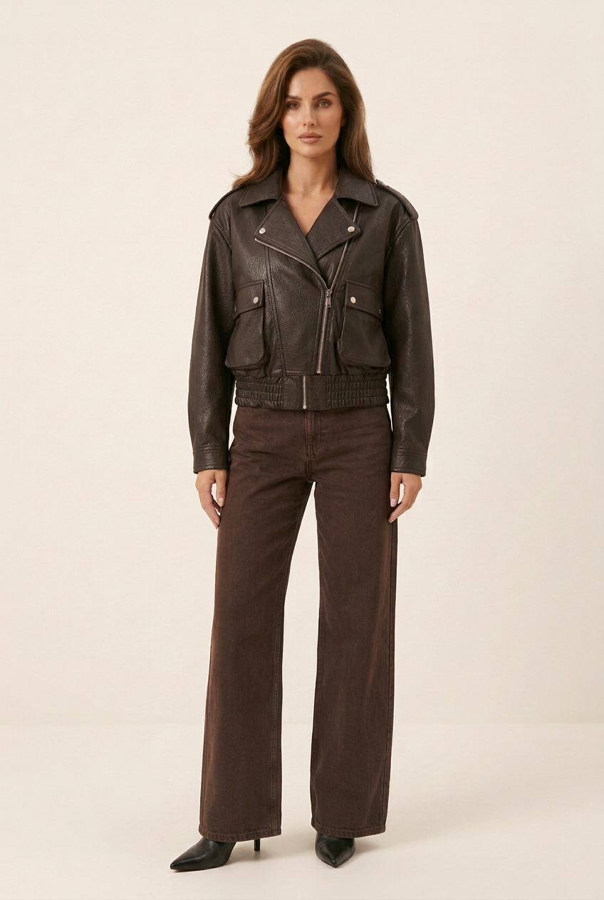 Full outfit with lengthened wide-leg jeans draping over the black pointed-toe boots