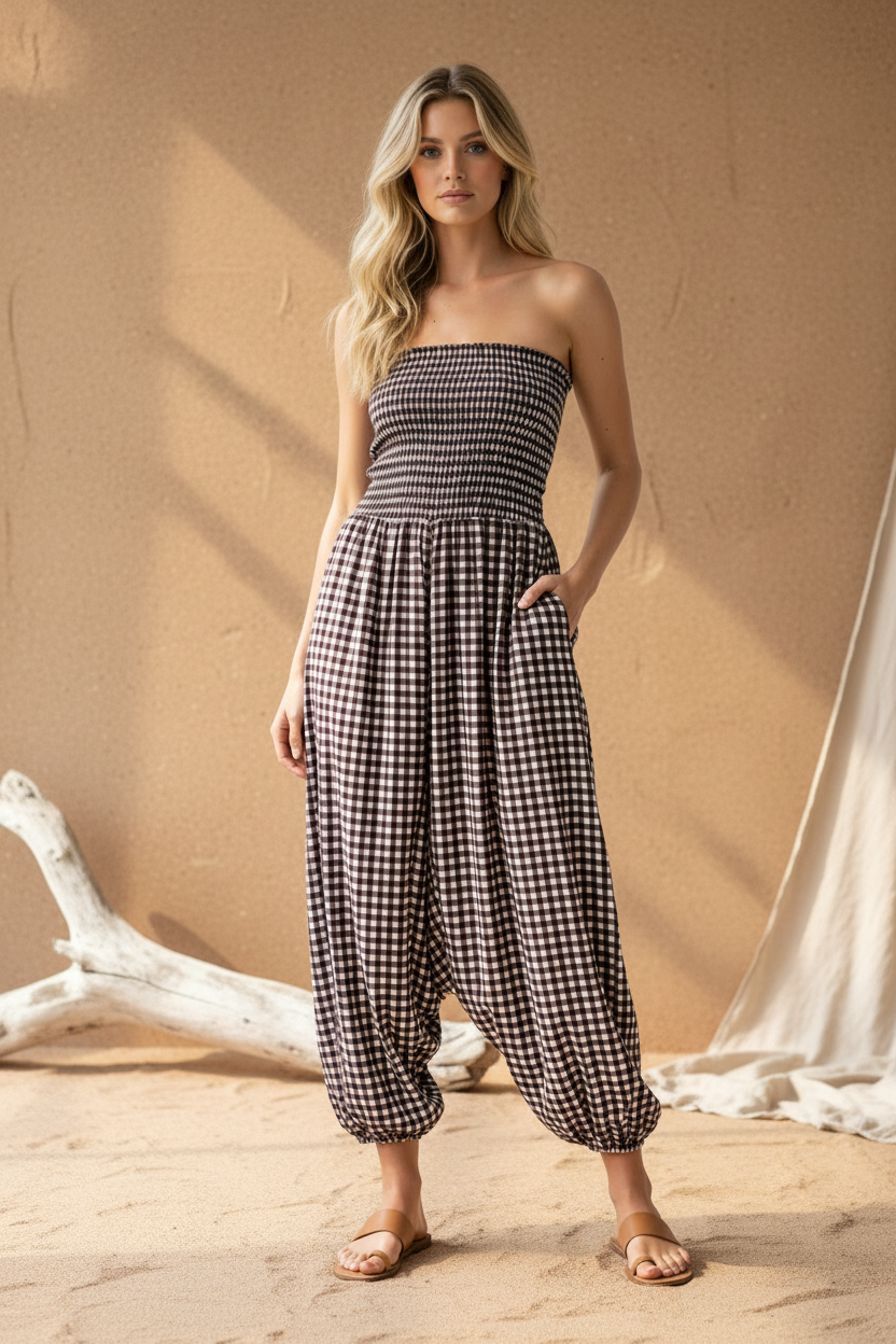 Gingham jumpsuit - beach studio setting