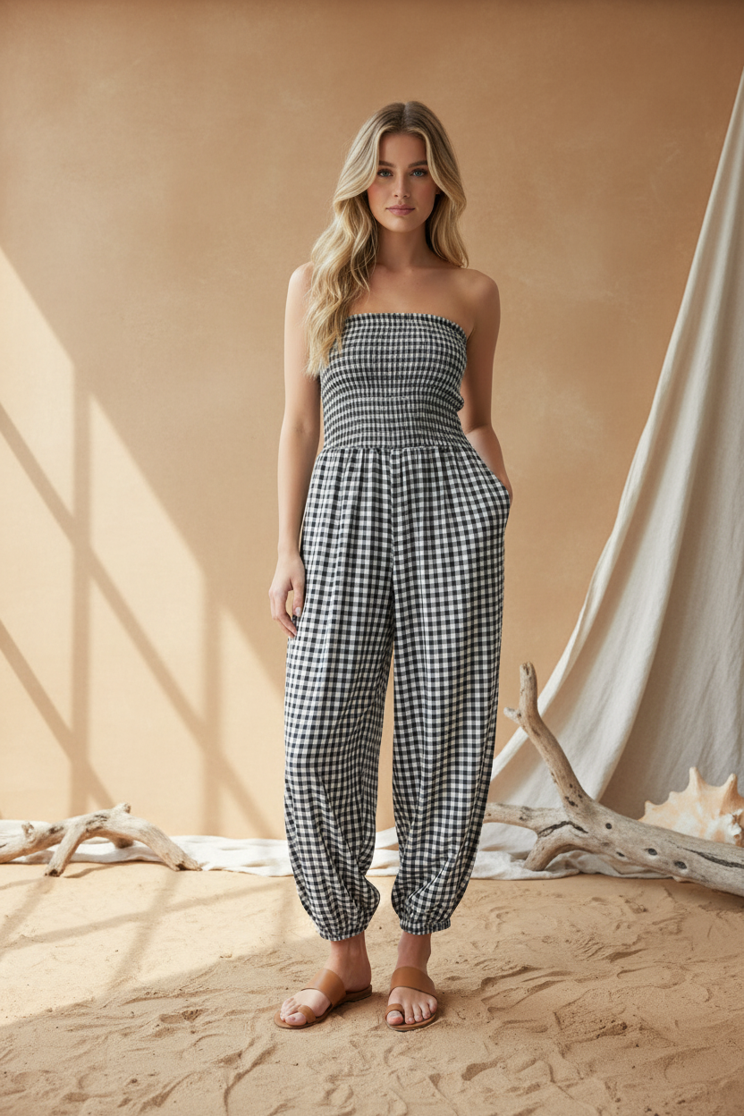 Gingham jumpsuit black and white - beach studio setting