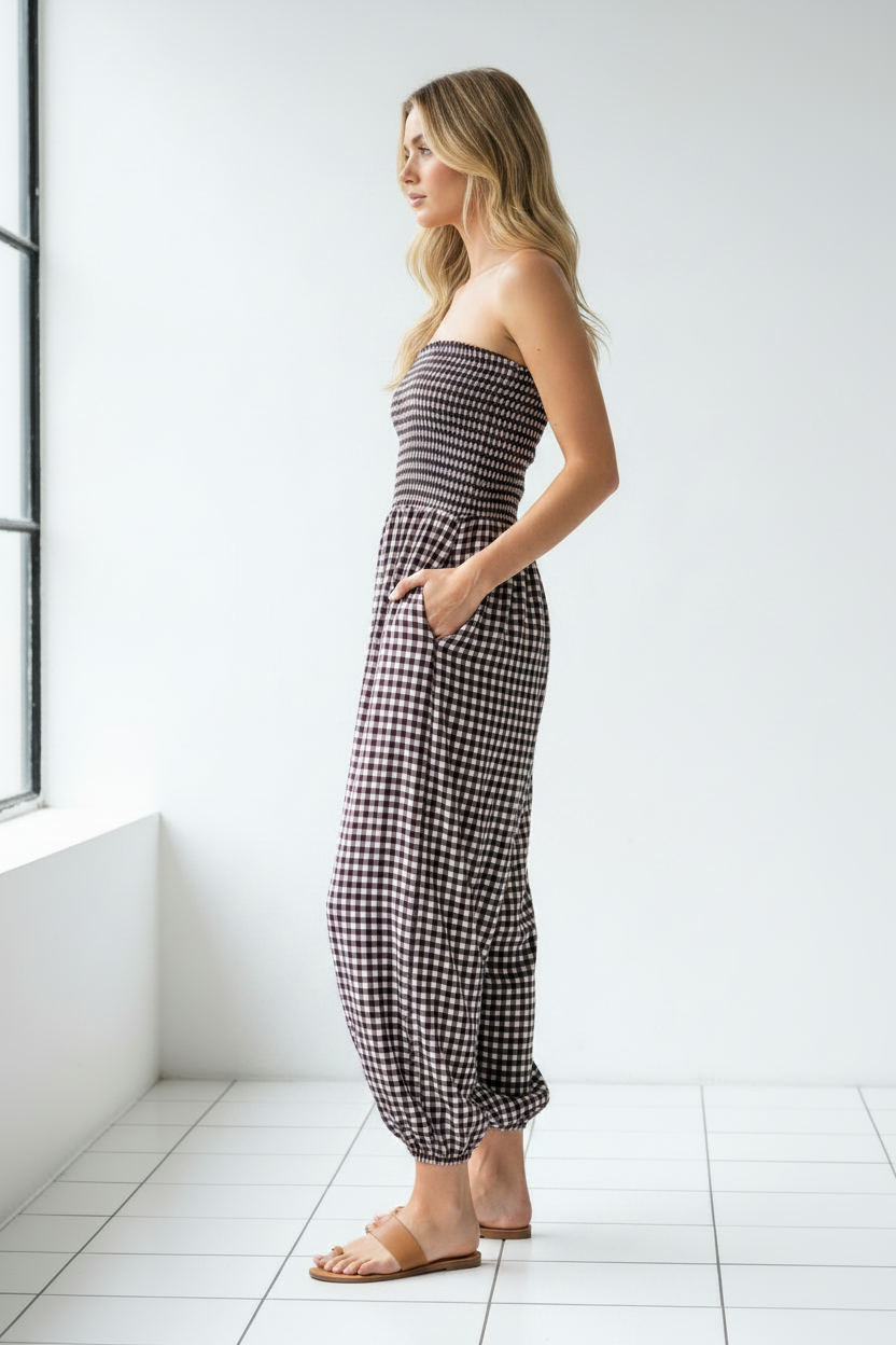 Gingham jumpsuit - side profile studio shot