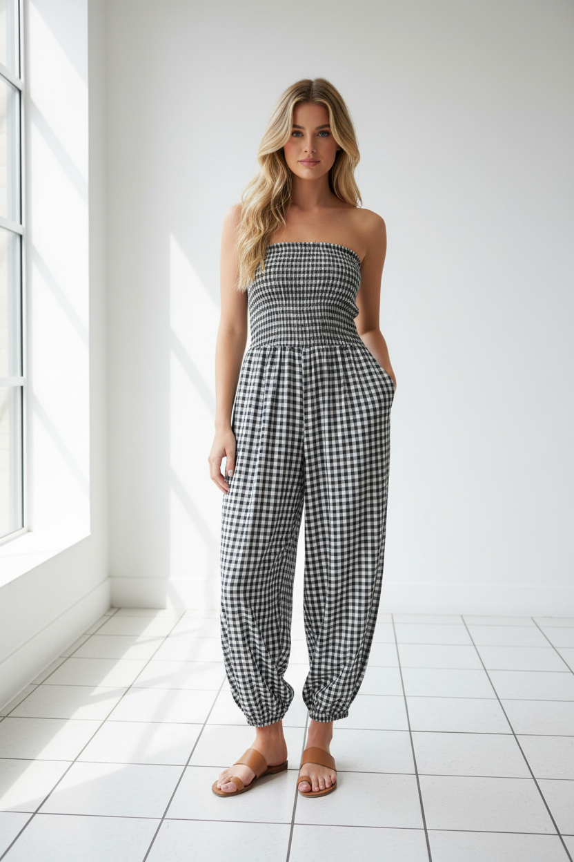 Gingham jumpsuit - true black and white studio shot