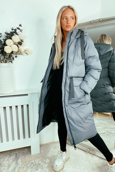 Grey Padded Puffer Maxi Coat with Hood