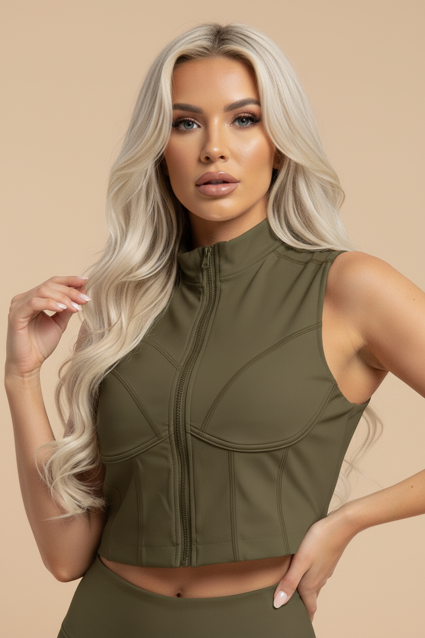 Khaki Cropped Gym Top - Close Up Hero Shot