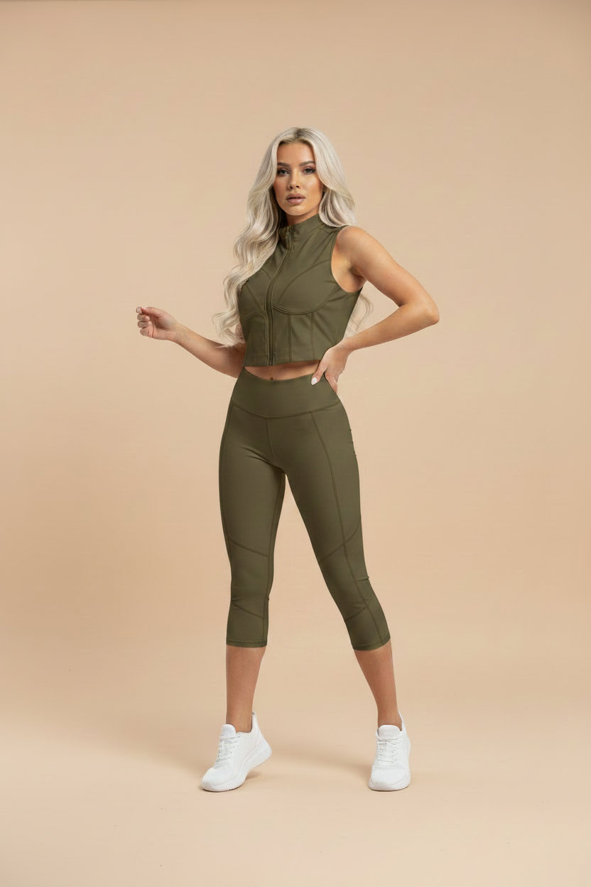 Khaki Cropped Gym Top - Full Length Studio Shot