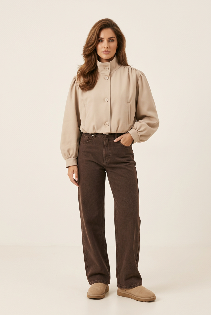 Matte tailored jacket on a brunette model with dark brown wide-leg jeans and beige Ugg-style boots in a plain studio