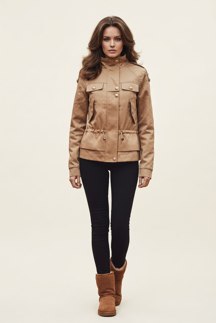 Plain studio image of the original tan jacket, black leggings and tan boots on a model with brunette blow-out hair