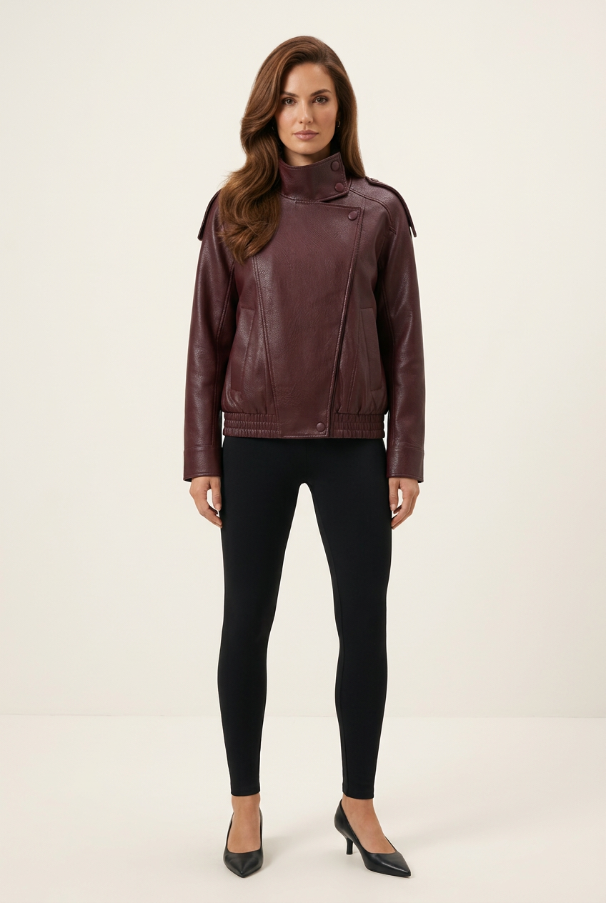 Plain studio outfit with the jacket, brunette blow-out hair, black leggings and pointed-toe kitten heels