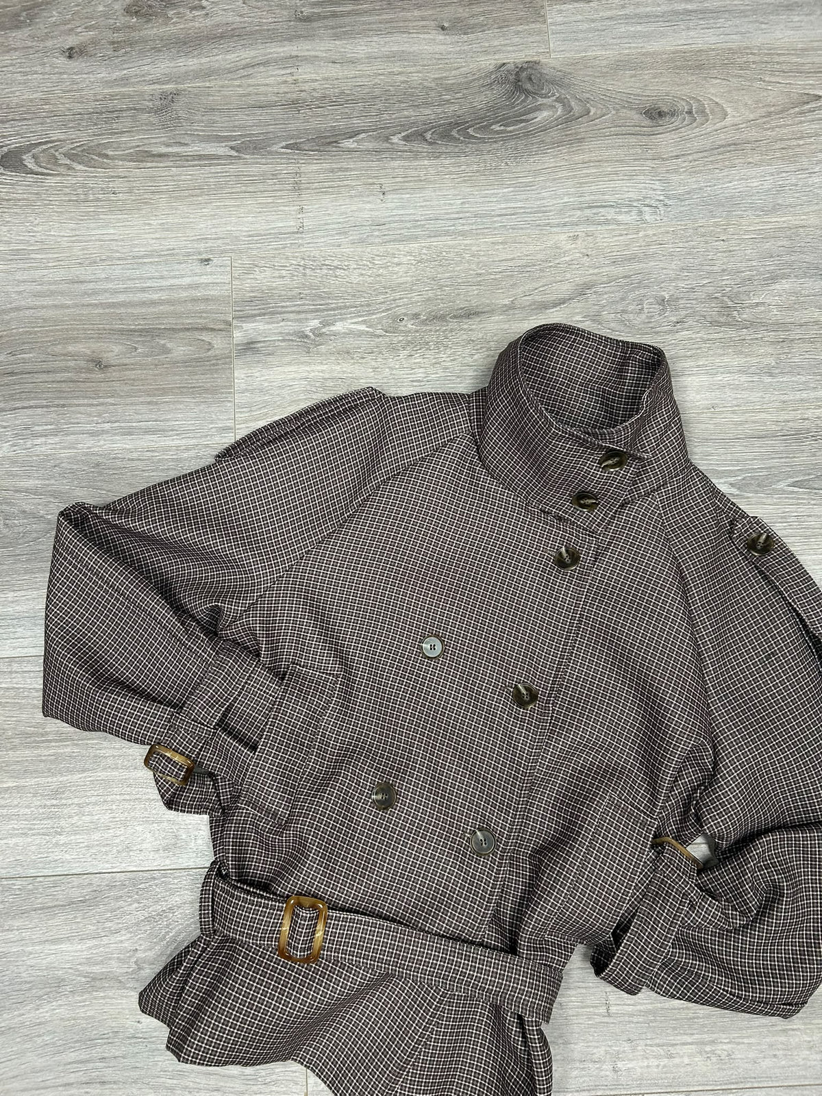 Premium Check Cropped Trench Coat in Dark Brown