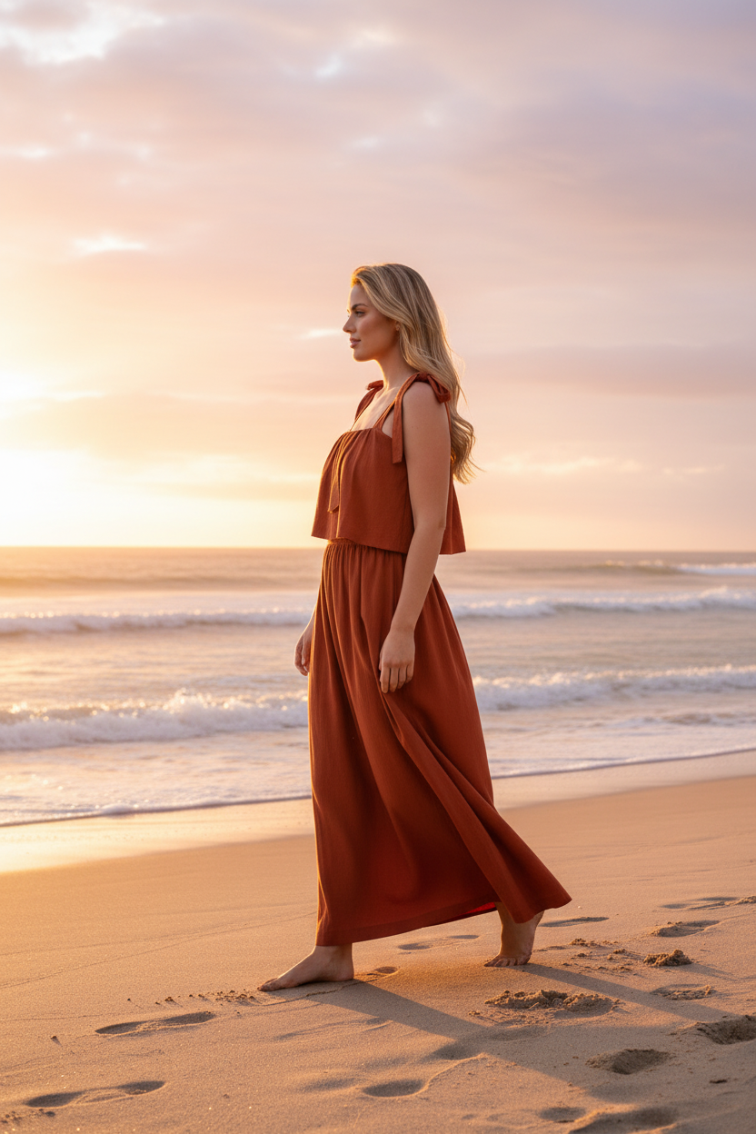 Rust Maxi Dress - Beach Sunset Side Profile