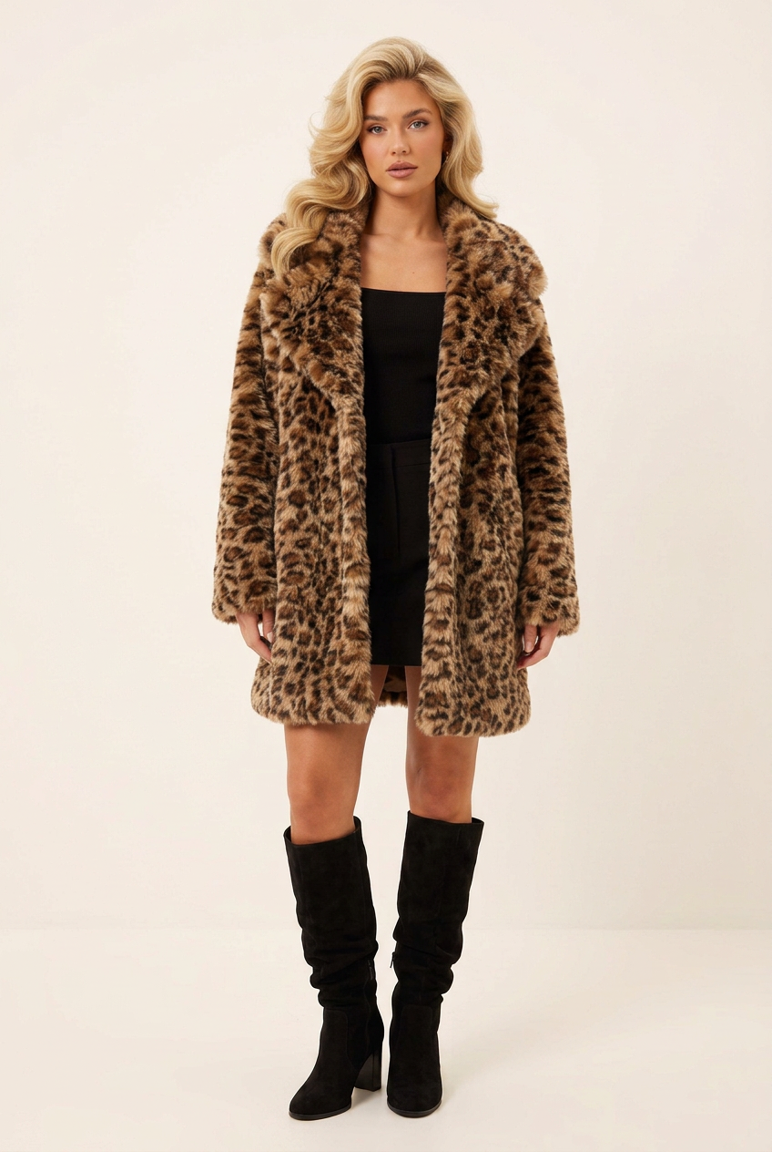 Same blonde model styled in the new longer leopard-print faux-fur jacket