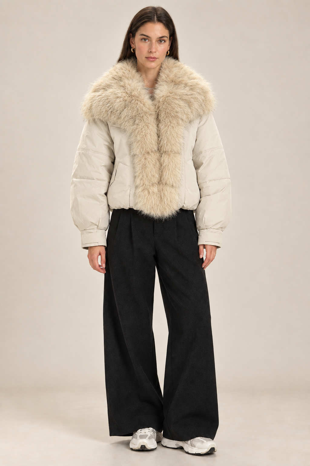Same brunette model and studio styling with the cream fur-trim jacket