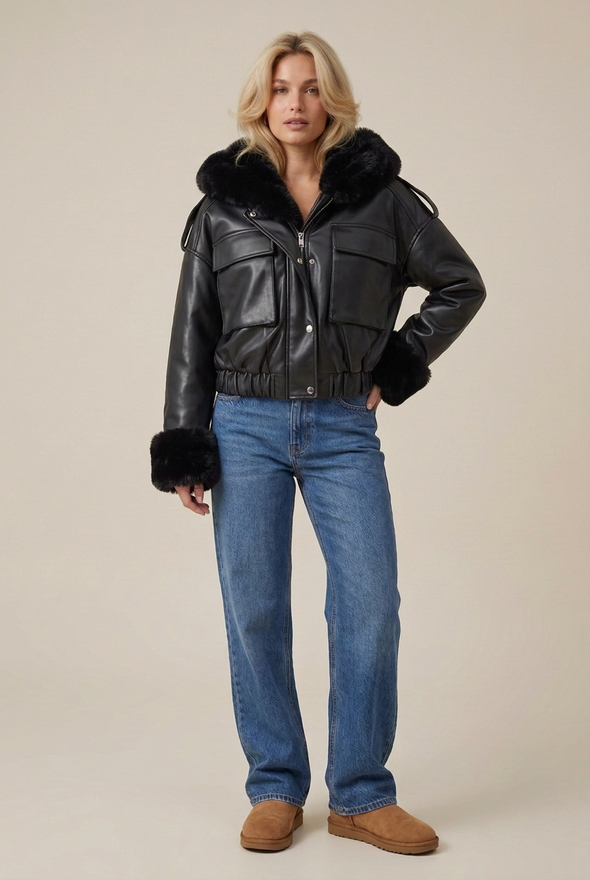 Same studio shot with the black PU jacket smoothed out, no creases