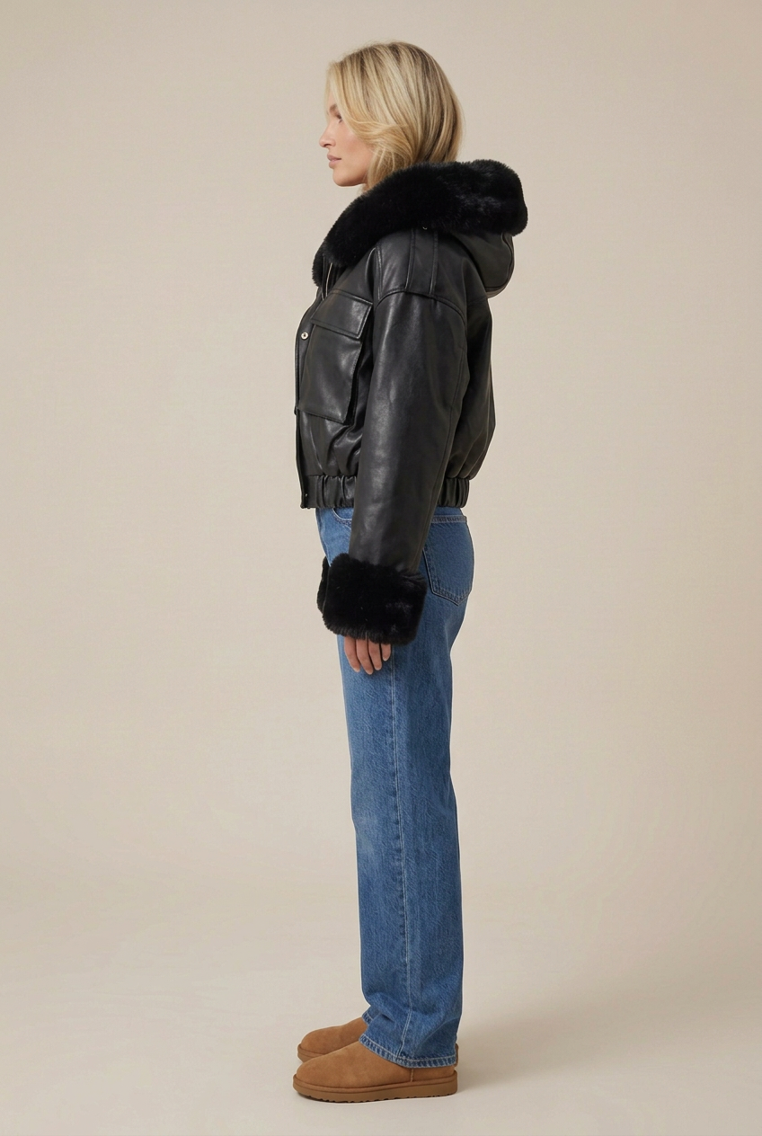 Side profile of the blonde model in the smooth black PU fur jacket, wide-leg jeans and Uggs